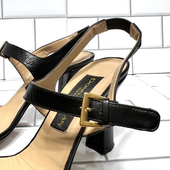 Donna Karan New York Black Leather Open Toe Ankle Strap Sling Back Heels Size 7 - Picture 3 of 11